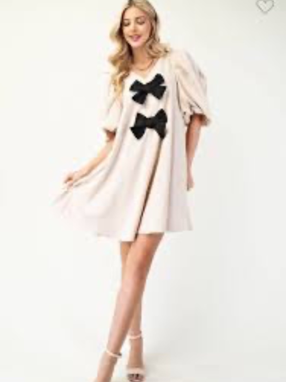 Beige Mini Dress with Black Bow Details